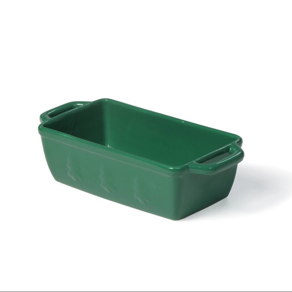 New! Green Holiday Bread Loaf Pan w/ Christmas Trees on sides Target Bullseye